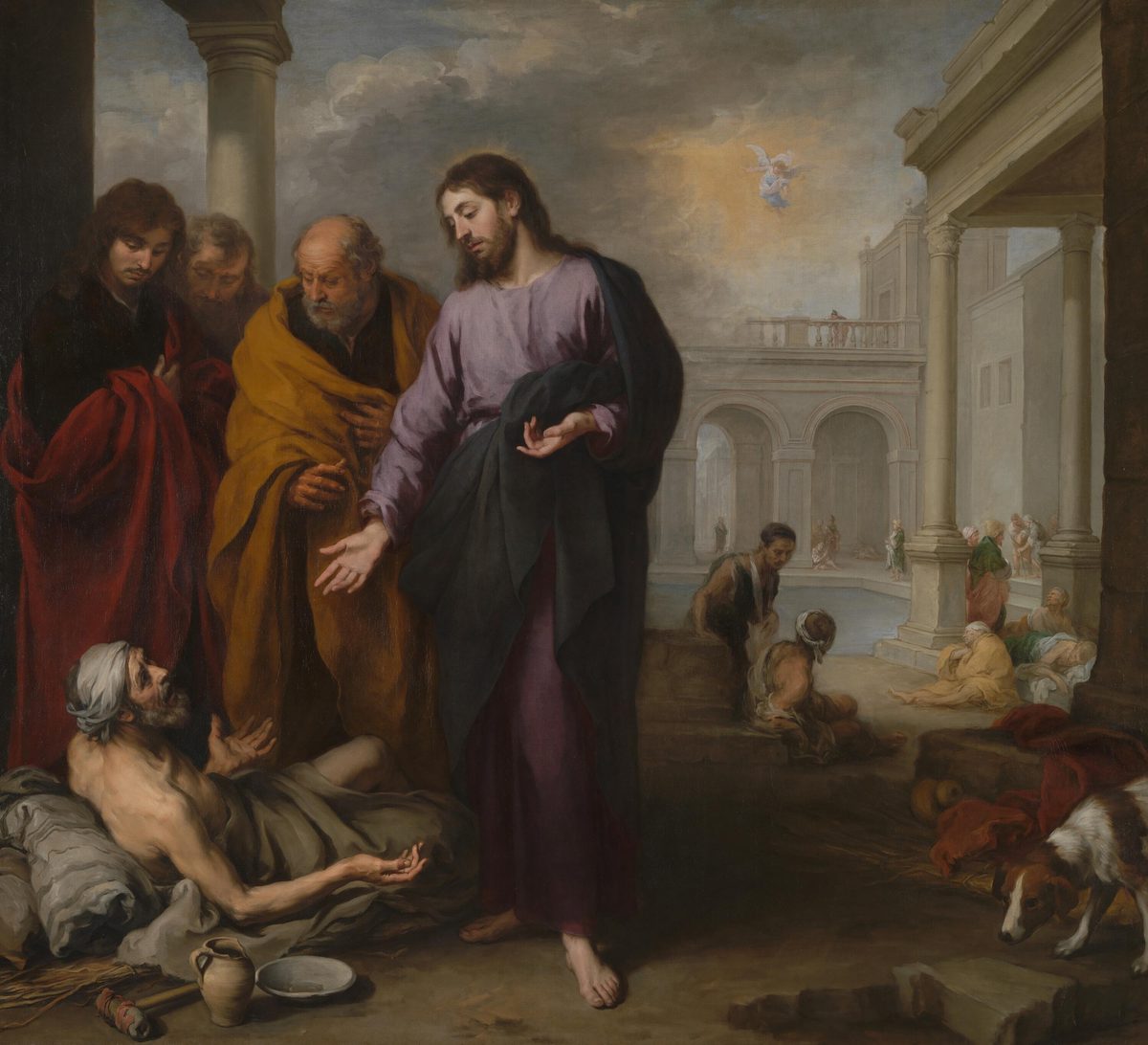 A large oil painting. At center, Christ in a lilac tunic and dark cloak stands and reaches down with both hands toward a bearded, half-clothed old man lying on the ground, arms raised in appeal, beside a jug and a shallow basin. Three men in heavy robes stand watching just behind Christ. In the pale gold sky above, a small, indistinct angel hovers in a burst of light. To the right, through a colonnade, other sick people sit and lie around the edge of a pool where more figures wait; a dog noses at a bundle of red cloth in the foreground.