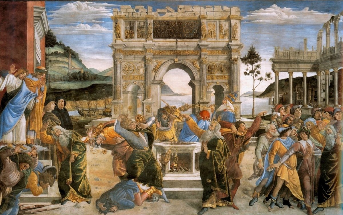 A wide Renaissance fresco. In the centre, men in bright robes stagger back from a stone altar, dropping golden censers; one figure with rays of light from his head raises a rod toward them, and a bearded man in a tall blue-and-gold mitre swings a censer calmly amid the confusion. At the left, figures fall into broken ground. At the right, a crowd stoops to pick up stones. Behind everything stands a Roman triumphal arch carrying a Latin inscription, with sea and hills beyond.