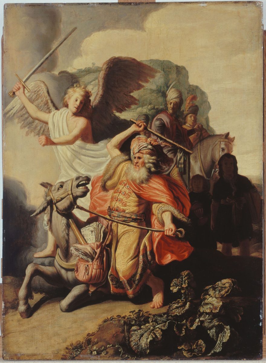 An oil painting. A grey donkey has collapsed onto her front knees at the left, her head twisted round and her mouth open, showing her teeth. Astride her sits a bearded old man in a gold embroidered robe and a billowing orange-red cloak, wearing a striped turban, his right arm raised behind his head gripping a long stick to strike. Directly behind his shoulder a fair-haired angel in a white robe, with large grey-brown wings, lunges forward holding a raised sword, mouth open; the old man is looking away from him and down. Behind them two men in turbans ride a pale horse and two more dark-clothed figures stand at the right. Large curling leaves fill the foreground.