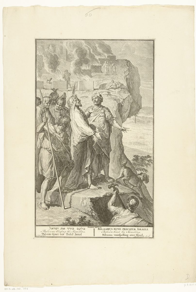 A monochrome engraving printed on a wide sheet with blank margins, with a lettered caption panel beneath the framed image. In the image, a group of men stand on a rocky clifftop at the left: a bearded soldier holding a long spear, two others in plumed helmets, and at the centre a robed bearded figure with his right arm raised high, one finger pointing upward. Beside him a man in armour and a cloak, wearing a crown, stretches his arm out and down toward the right. Below and to the right a wide plain is covered with long regular rows of small tents receding to the horizon. In the upper background several low stone altars stand on a slope with smoke rising from them and attendants beside them. A dog stands on the rocks at the lower right and a helmeted man swings a pick at the cliff face. The caption panel below carries the same title in Hebrew, Latin, English, French, German and Dutch.