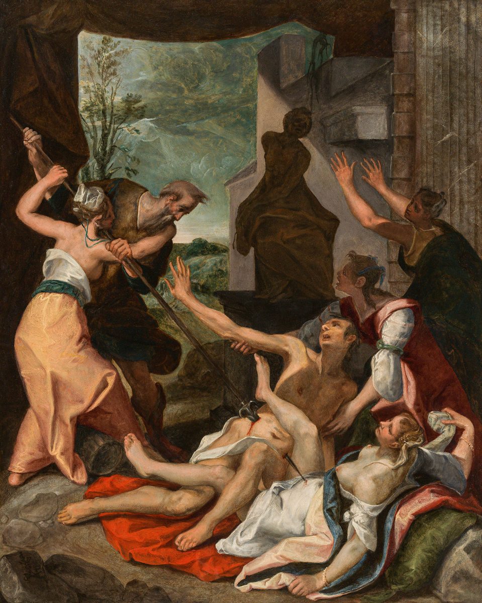 An oil painting, taller than it is wide. At the upper left a bearded old man in a brown tunic drives a long spear downward with both hands, his right arm raised behind his head. In front of him a young woman in a pale yellow gown twists away, one arm flung up. In the lower centre two half-draped bodies lie together on white and red cloth; a spear shaft runs down into them and a small wound shows on the pale torso of the upper figure, whose head is thrown back and whose arm is stretched out. At the right four women recoil, hands raised and mouths open, one of them leaning over the bodies. Behind them stands a dark bronze-coloured statue of a seated figure on a stone plinth, beside a large fluted column; an open landscape and clouded sky show through a gap at the left. Loose stones lie in the foreground.
