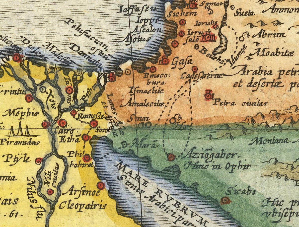 A hand-colored 1624 engraved map showing the Nile delta, the Sinai peninsula, and southern Canaan, with a dotted line tracing the Israelite route from Rameses through Etham, Mount Sinai, and Ezion-geber to Kadesh-barnea, then north toward Jericho and Jerusalem.