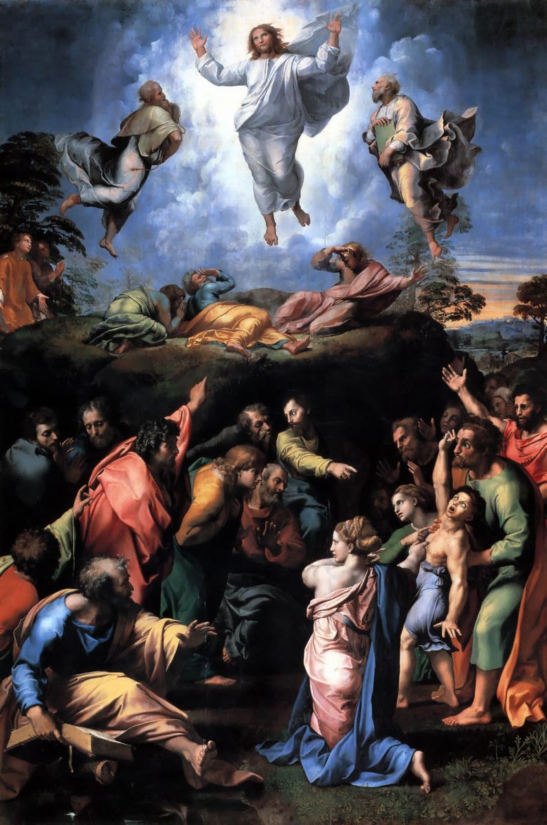A tall painting in two halves. Above, Christ floats in white light with arms outspread and robes blown upward, flanked by two hovering figures — Moses and Elijah — while three disciples lie collapsed on the hilltop below, shielding their eyes from the glare. Below, in shadow, a large crowd presses around a boy with rolled-back eyes and a rigid outflung arm held up by his father; a woman kneels in the foreground and several disciples gesture helplessly, some of them pointing up toward the mountain