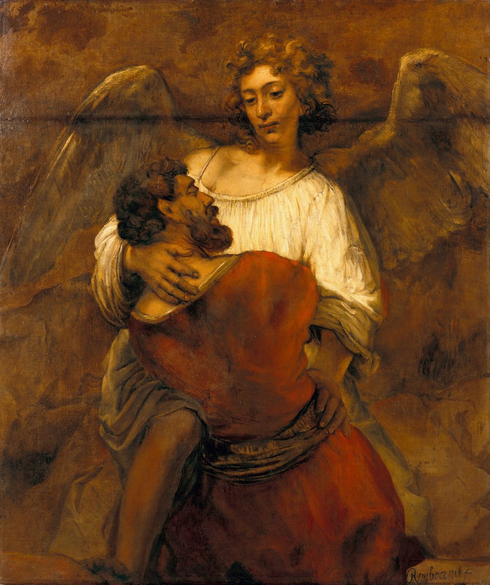 An angel with large wings holds a straining man from behind in something closer to an embrace than a fight