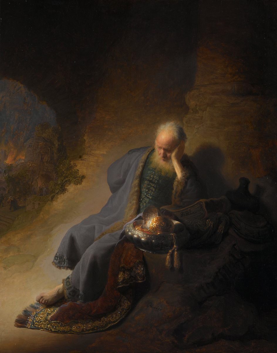 An old man in rich robes leans on one elbow in the dark, head on hand, while a city burns behind him