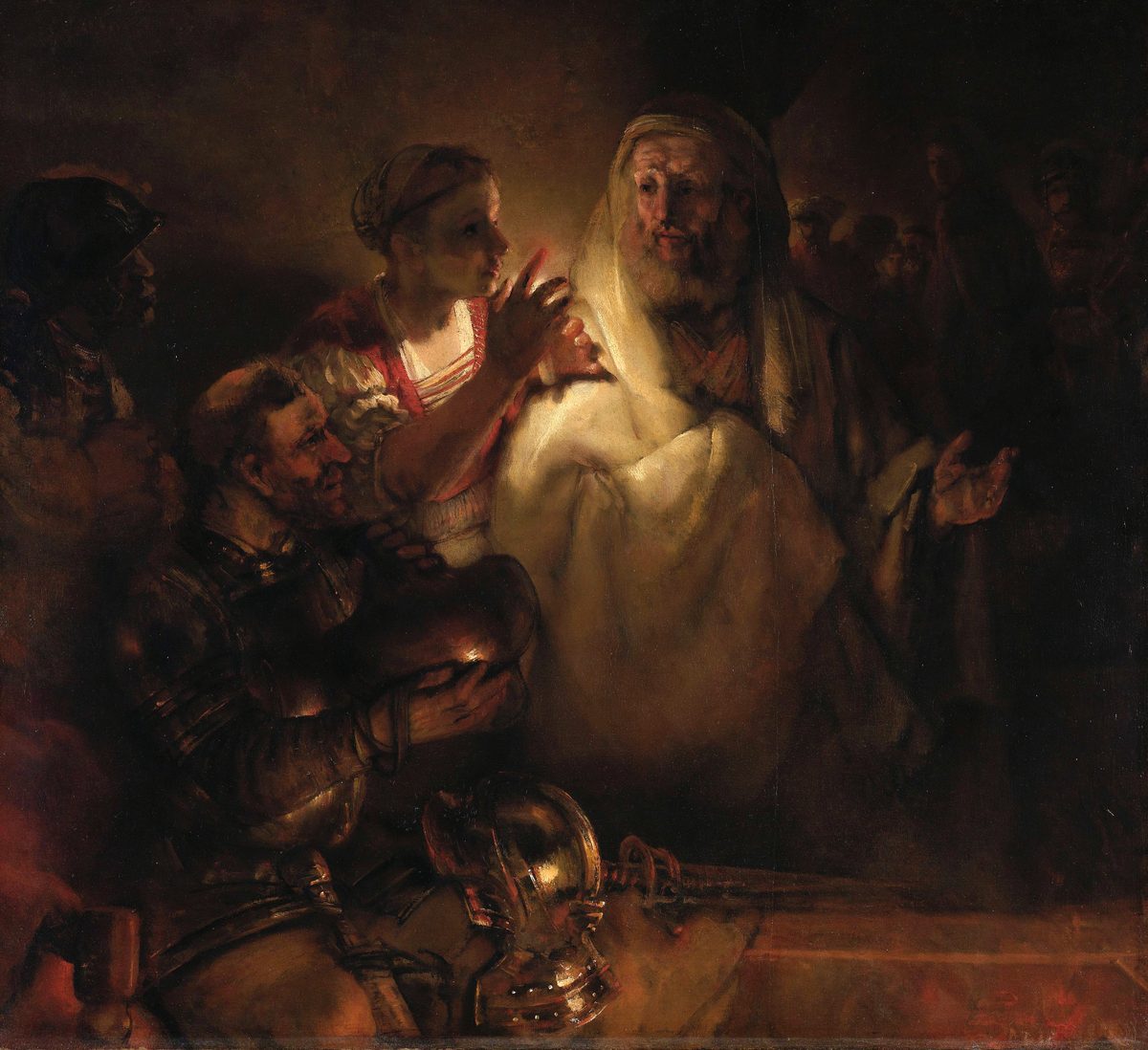A night interior lit by a single candle. A servant woman holds the candle up toward Peter, who raises his left hand in a gesture of denial; two soldiers in armour watch from the left, one seated at a table. In the shadows at the right, Christ, bound, turns his head to look back over his shoulder as he is led away.