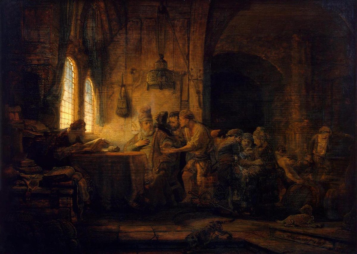 A dark, high-ceilinged interior lit by a tall arched window on the left. The householder sits behind a heavy table strewn with papers and coins; a clerk bends over ledgers in the shadowed foreground at left. A knot of labourers presses in from the right &mdash; one leaning across the table with an outstretched arm, others waiting behind him in near-darkness, faces lit only at the edges. A barred lantern hangs from the ceiling on a rope, and a dog lies on the flagstones in the foreground