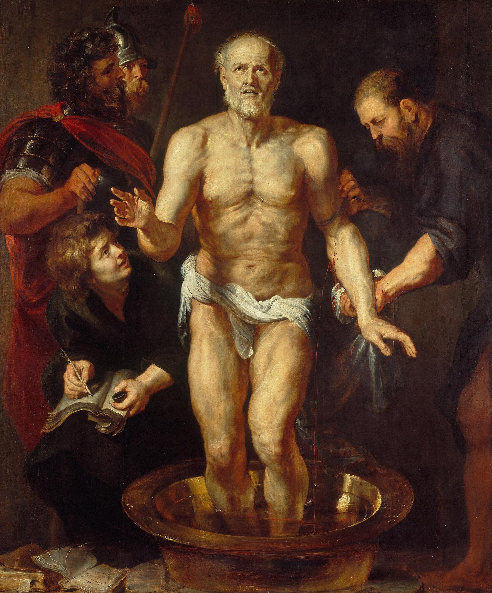 A gaunt old man stands nude in a brass basin of water, one arm held by a physician who has opened the vein so that blood runs down into the water; his other hand is raised in mid-speech. A young man kneels at lower left writing in a notebook with pen and ink, and a Roman officer in armour and a helmeted soldier with a spear wait behind