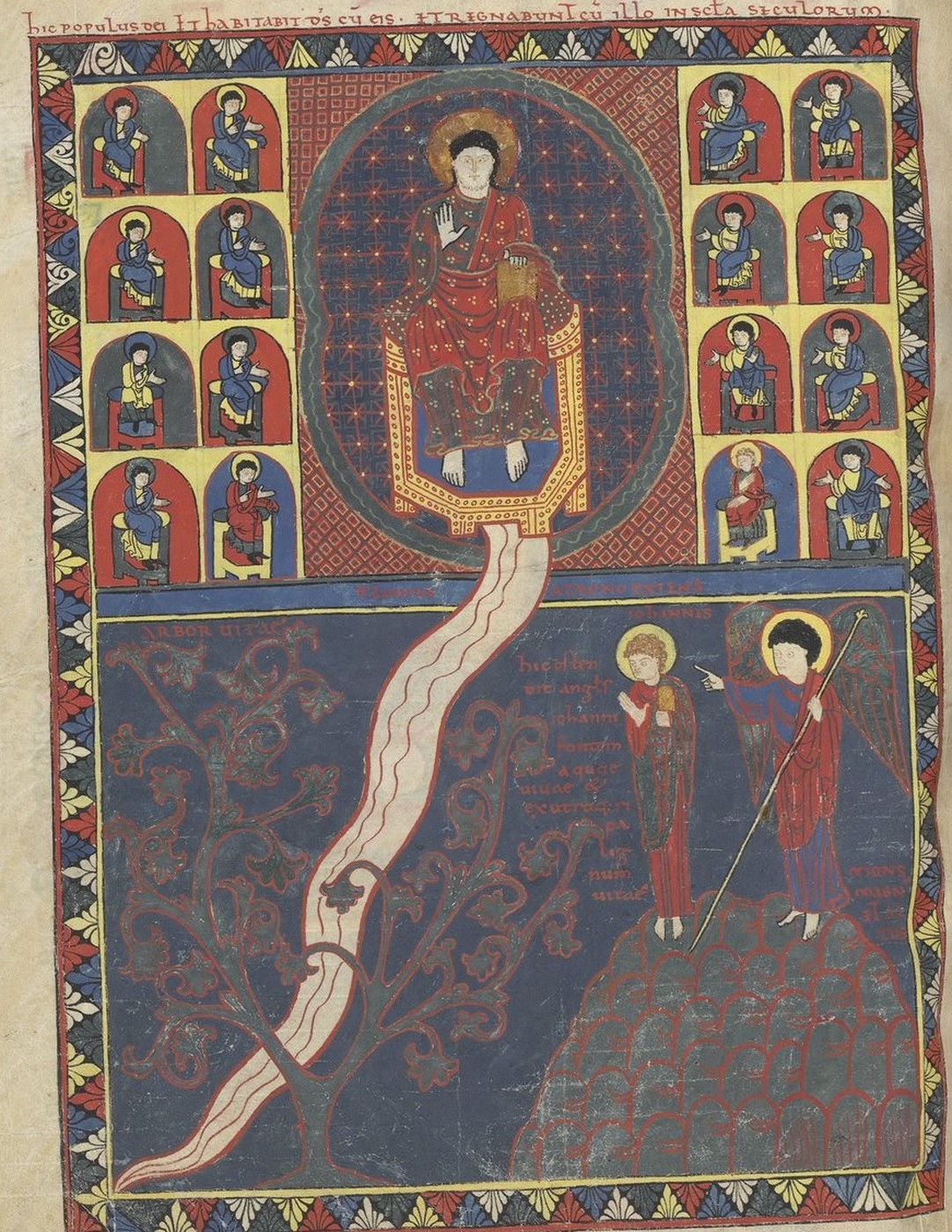 A manuscript page in two registers inside a wide patterned border. Above, Christ sits enthroned in a dark blue oval sprinkled with stars, flanked by twelve small enthroned figures in arched niches, six on each side. From beneath his throne a broad white river pours downward into the lower register, where it winds diagonally across a deep blue ground. At the left a leafy scrolling plant grows along the water, labelled ARBOR VITAE in red. At the right, standing on a rock, an angel with a long staff points across the river to a smaller figure labelled IOHANNES. Red Latin captions run through both registers