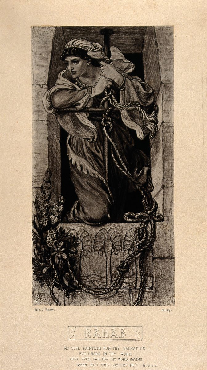 A monochrome pen-and-ink drawing of a woman in Middle Eastern dress leaning out through a narrow stone window, one forearm braced on the sill, gazing off to the side with an anxious expression. A thick knotted cord is tied to the window frame and hangs down the outside wall past a spray of flowering plants below. Beneath the image, lettering reads ‘RAHAB’ above a quoted verse from Psalm 119.