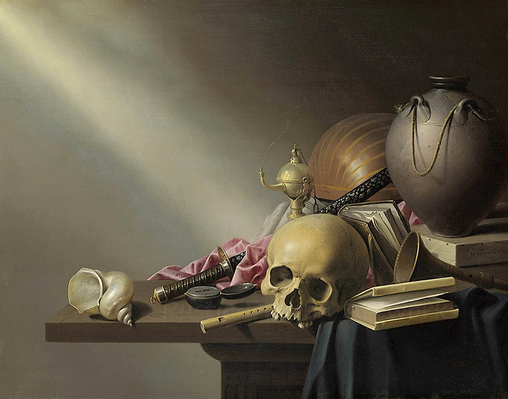 A shaft of light falls across a table holding a human skull, books, a recorder, seashells, a Japanese sword in a decorated scabbard, a large earthenware jar, pink silk, and a small brass oil lamp with a thin thread of smoke rising from its extinguished wick