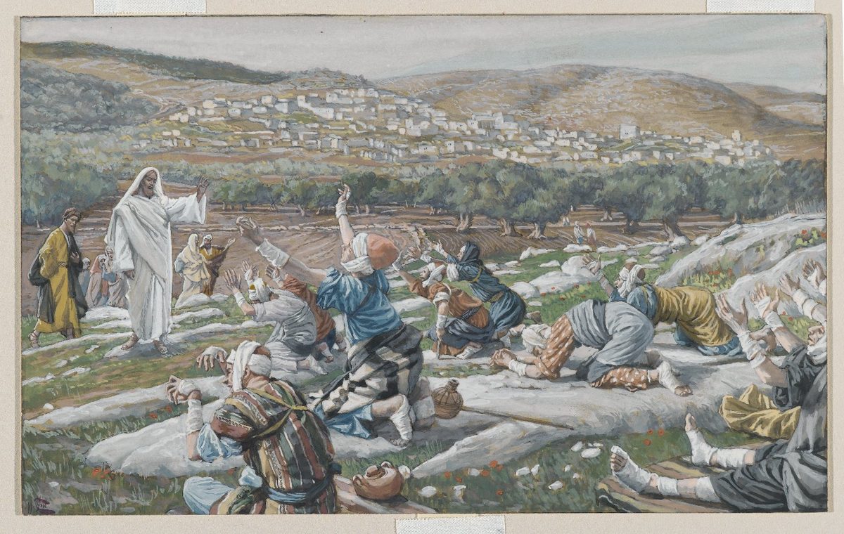 A hillside above a hilltop town and olive groves. At left, Christ in a white robe stands with both hands raised. Ten ragged figures kneel and crouch on the bare rock before him, arms outstretched toward him, several with their hands, feet or legs wrapped in white cloth bandages. One figure in a gold robe walks away up the path at the far left.