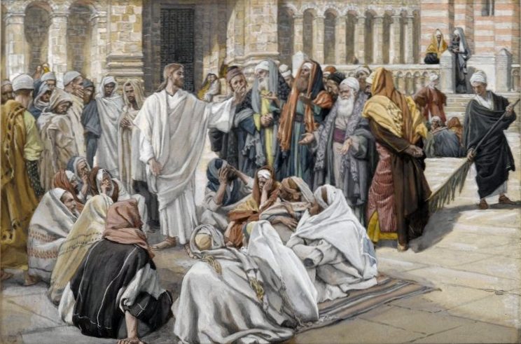 In a temple courtyard, Jesus stands in white robes with one arm raised, speaking. A crowd sits and kneels on the paving stones around him, some with heads bowed or faces covered by their hands. To the right, a cluster of elderly, richly-dressed Pharisees and scribes with long beards stand apart, watching with skeptical expressions. Temple colonnades and steps fill the background, where more onlookers are gathered.