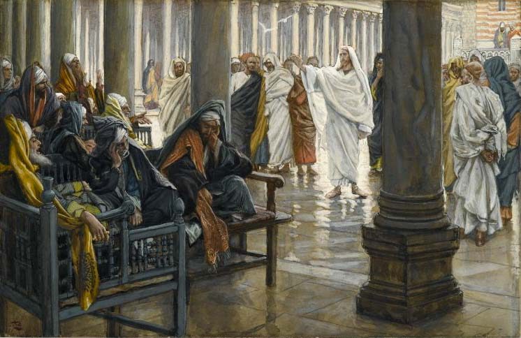 A temple colonnade with a polished stone floor and a massive dark column on the right. Christ, in white, stands in the middle distance with one arm raised, turning away down the portico; a cluster of figures stands behind him. In the left foreground a group of elders in dark robes sit on carved wooden benches, hunched forward with their heads in their hands or their faces covered, one with an orange sash across his knees. Other figures in white stand at the right, watching