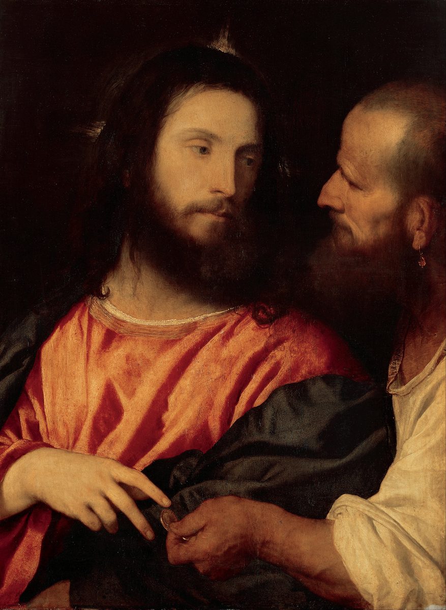 A very close two-figure painting against a near-black ground. On the left, Christ &mdash; young, long dark hair, faint rays about his head, a red robe under a dark blue-green mantle &mdash; turns his eyes to the right without turning his body; his own hand rests open and relaxed. On the right, pressed in at the edge of the frame, a balding weathered older man with a heavy beard, a coarse cream shirt and a pearl drop earring holds a small gold coin up between them between thumb and forefinger