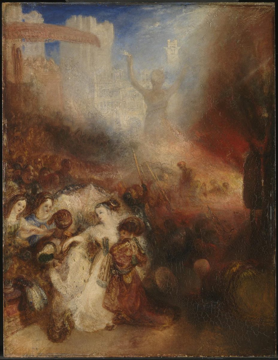 A hazy oil painting in warm ochre and red tones. In the sharply lit lower left, a cluster of elegantly dressed women and attendants stand together — one in a white and gold gown with an elaborate hairstyle, another kneeling in red. Behind them at upper left, a red canopy shelters indistinct seated figures. In the center background, pale and ghostlike against a blue sky and distant towers, a tall robed statue stands with both arms raised. To the right, spear-points and smoke rise into a diffuse orange-red glow where a fire burns, its details dissolved into haze.