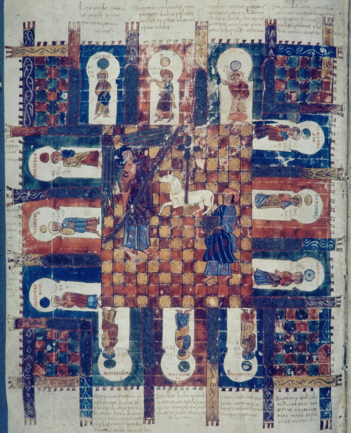 A page from an illuminated manuscript, painted in deep blue, ochre and red. The city is drawn flat, as a plan seen from directly above: a square chequered grid filling the centre, framed on all four sides by bands of colour and by twelve arched niches, three to a side, each holding a standing figure and each labelled in Latin. In the middle of the grid a white lamb stands between two men, one of whom holds a long measuring rod. Lines of Latin commentary run across the top and bottom of the page
