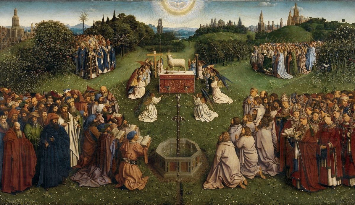 A detailed oil painting of a green meadow landscape. At the center, a white lamb stands on an altar, blood flowing from its chest into a golden chalice, beneath a radiant dove of light. Kneeling angels surround the altar holding instruments of the Passion. In front of the altar, an octagonal fountain sends water flowing toward the viewer. Four distinct crowds converge from the corners: at lower left, bearded patriarchs and prophets in robes, some holding open books; at lower right, barefoot apostles followed by popes, cardinals, and bishops in rich red vestments; at upper left, a procession of bishops and confessors in blue and gold; at upper right, a large group of women, martyrs and virgins, in white and colored robes. Distant cities and towers rise on the horizon under a blue sky.
