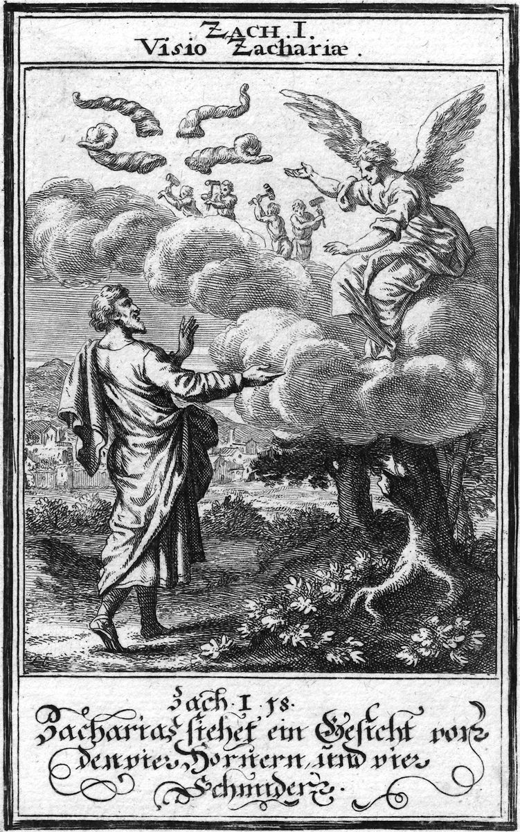 A monochrome engraving in a decorative border. In the lower left, a bearded man in flowing robes stands on the ground before a walled town, one hand raised, gesturing up toward a bank of clouds. Within the clouds, four small robed figures work with hammers and tools; above them, four curled, horn-like shapes float in the sky. To the right, a winged angel is seated on a cloud, gesturing back toward the craftsmen. German verse below the frame identifies the scene.