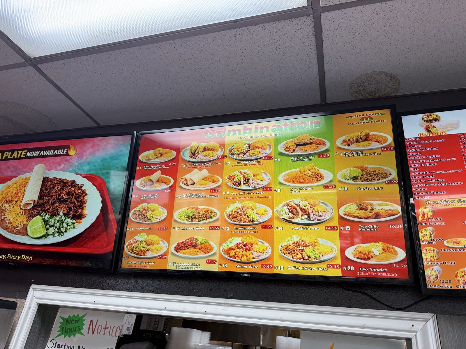A wall-mounted digital menu screen headed Combination, showing twenty numbered plate combinations with photographs — tostadas, enchiladas, tacos, asada, machaca, carnitas, chile rellenos and tamales — priced between 14.29 and 16.49, each including a sixteen ounce drink