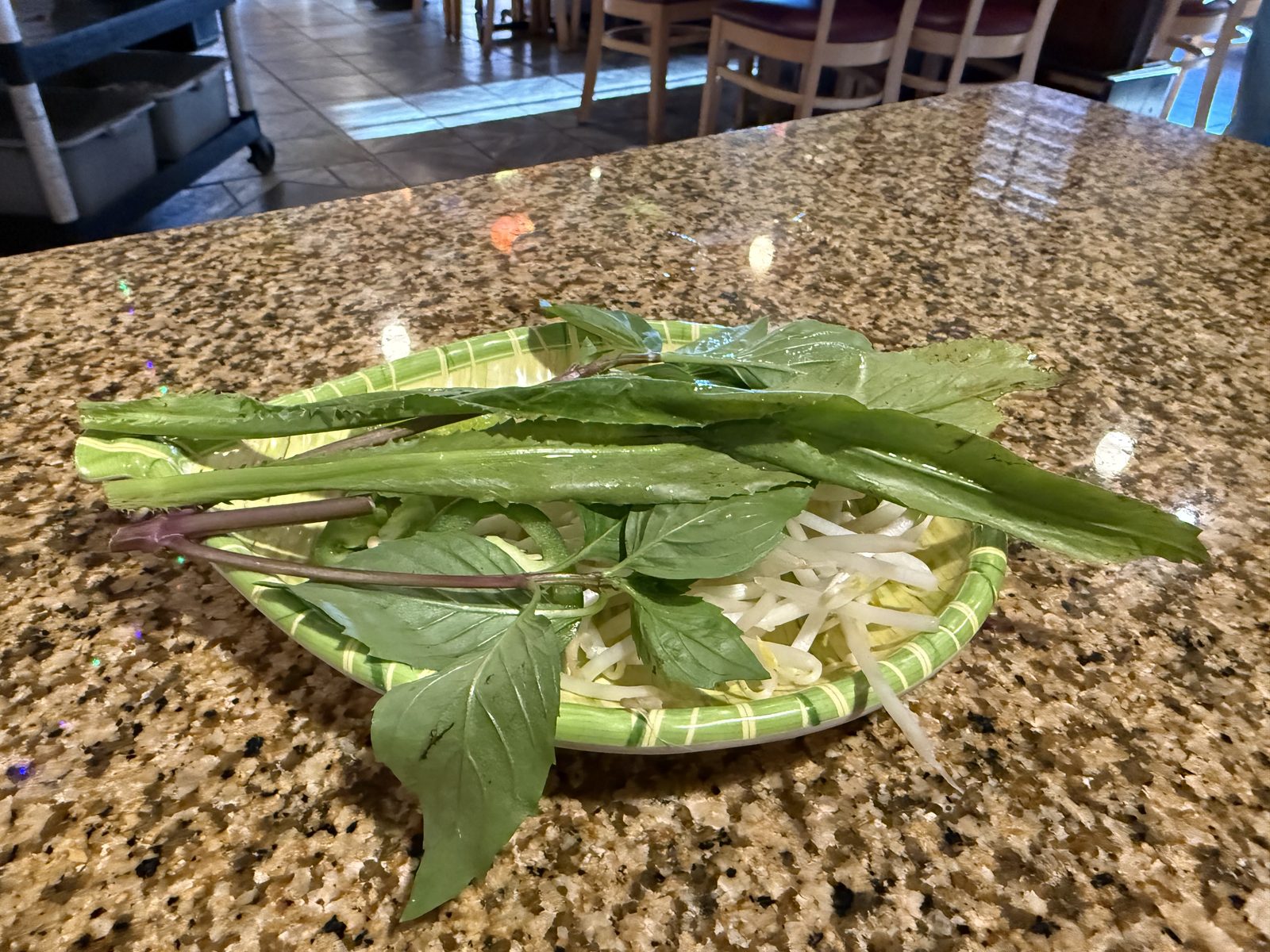 A garnish plate at Pho Hung with Thai basil, bean sprouts, and long sawtooth herb leaves, served alongside a bowl of pho