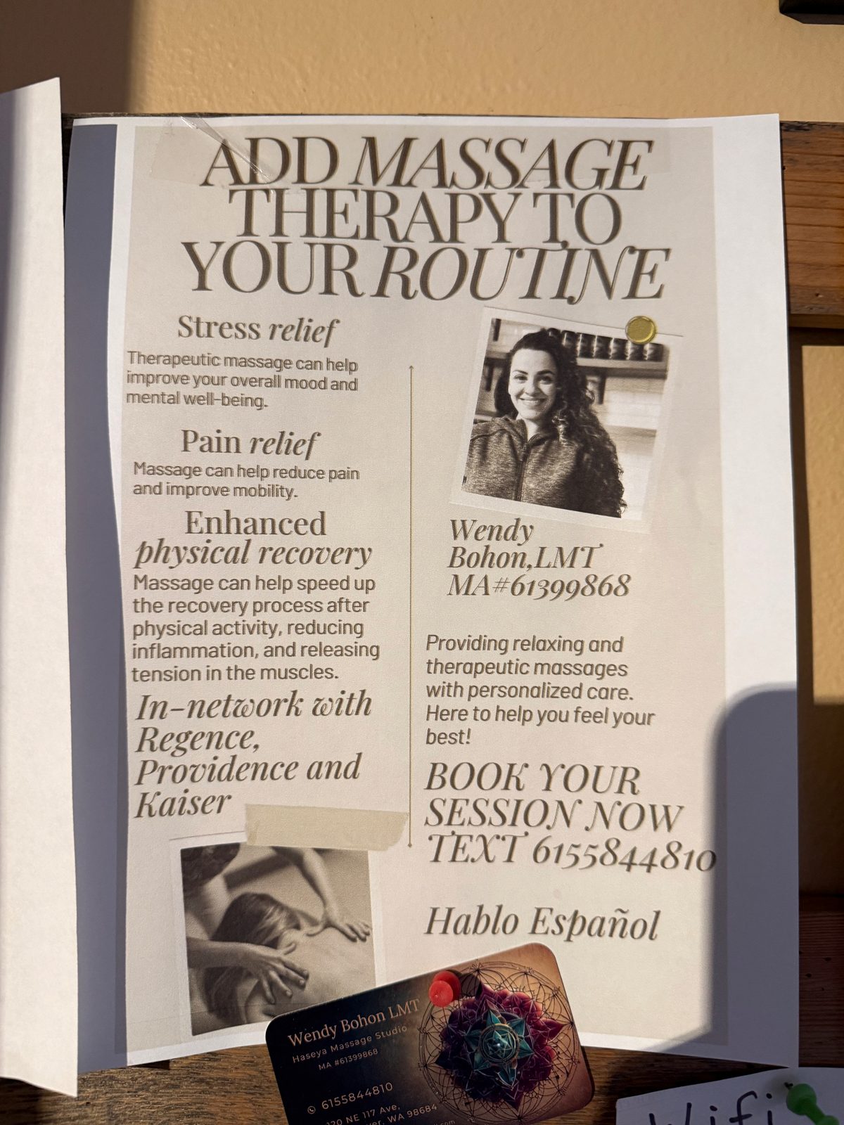 A flyer reading 'Add Massage Therapy To Your Routine' with a photo of Wendy Bohon and a description of her services, and pinned over the corner of it her business card for Haseya Massage Studio, listing her license number, phone, and the address 120 NE 117 Ave, Vancouver, WA 98684